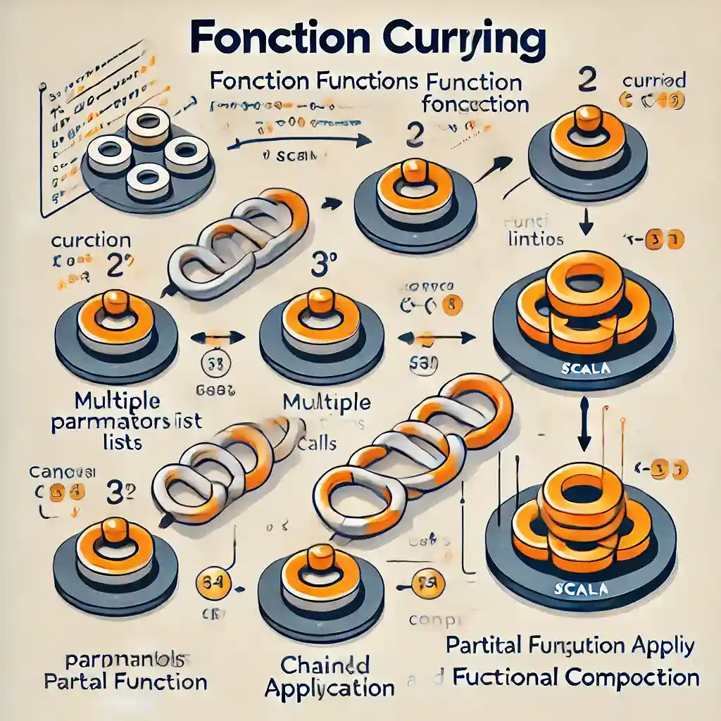 Diagram showing the transformation of a multi-argument function into curried functions in Scala