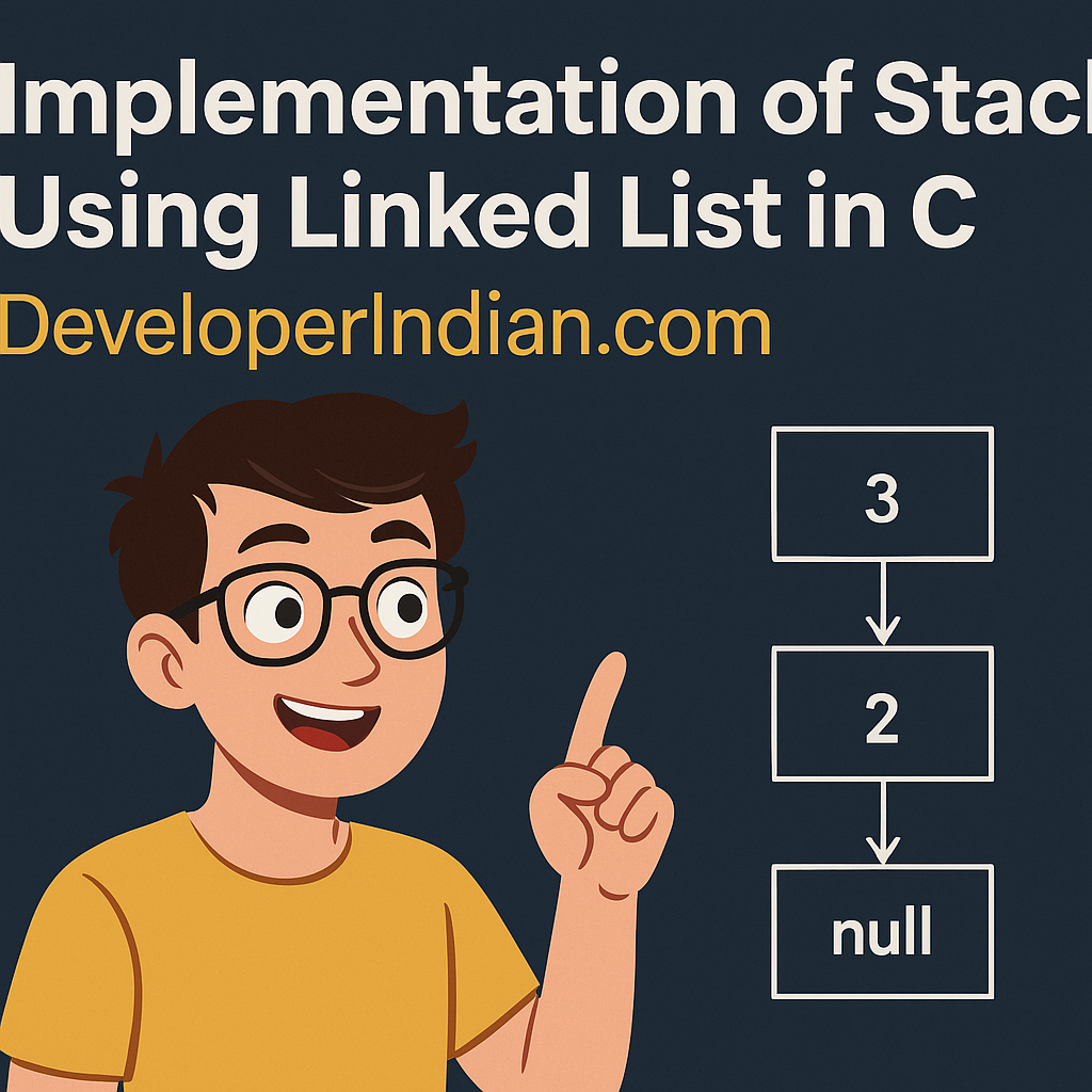 Stack implementation using linked list in C with push, pop, and dynamic memory allocation example