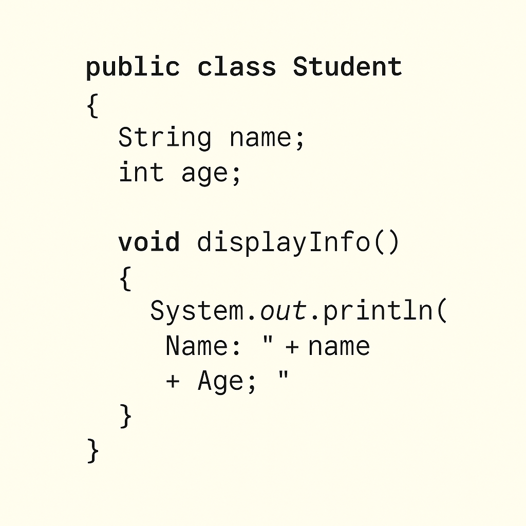 diagram Java code snippet defining a Student class with name and age